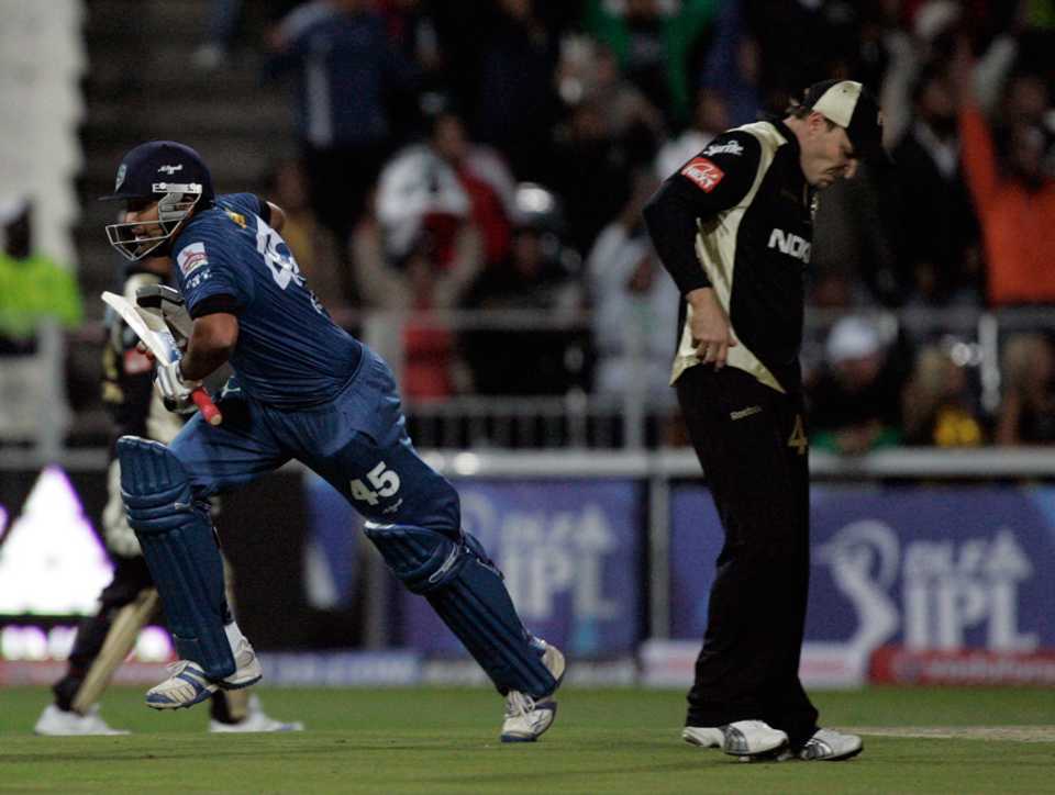 Rohit Sharma charges to celebrate after hitting the winning six 