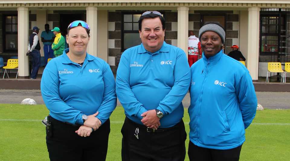 Sue Redfern (l) and Jacqueline Williams (r) served as standing and third umpire respectively, the first time two women officiated in a men's ICC tournament match, Nigeria v Oman, ICC World Cricket League Division Five, St Clement, May 22, 2016