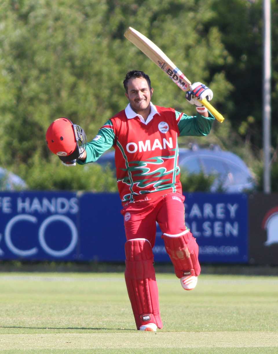 Zeeshan Maqsood celebrates after reaching his century, Oman v Vanuatu, ICC World Cricket League Division Five, St Martin, May 24, 2016