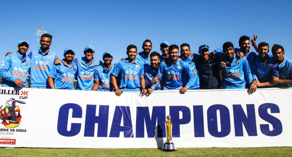 The Indian team celebrates after sweeping the series 3-0
