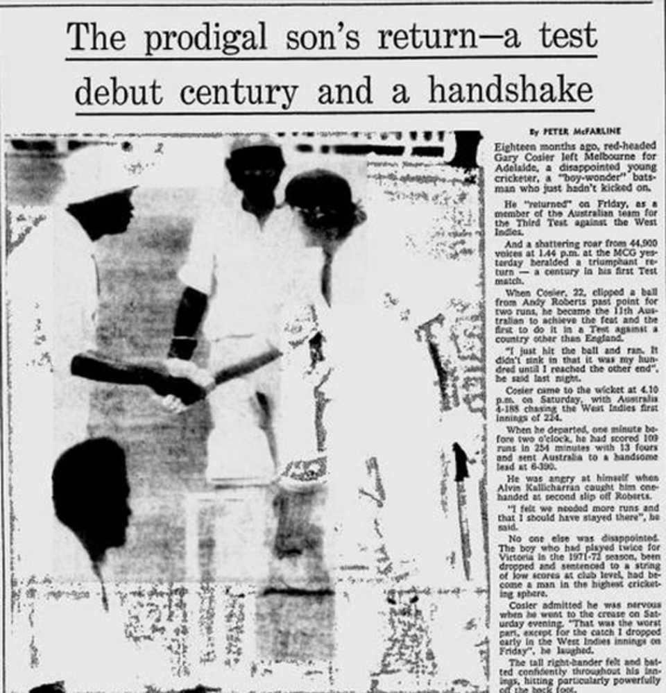 The <i>Age</i> reports Gary Cosier's century on Test debut, Australia v West Indies, 3rd Test, Melbourne, 3rd day, December 28, 1975