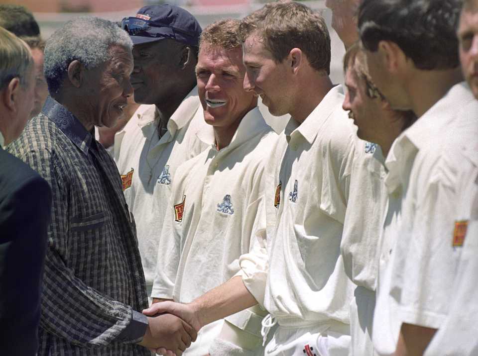 Nelson Mandela meets the England players in Soweto, South African Invitational XI v England XI, Soweto, October 27, 1995