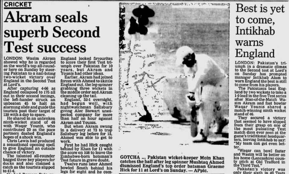 A newspaper sports report about the second Test England-Pakistan Test