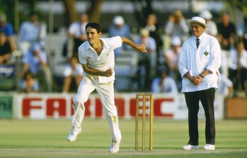 John Traicos bowls in Zimbabwe's first Test
