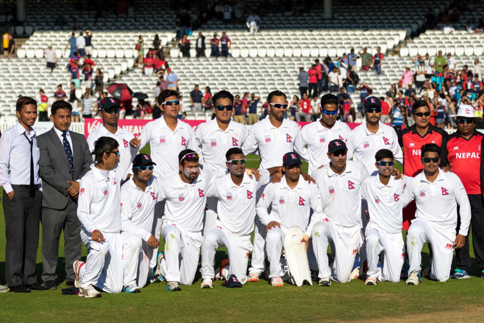 The Nepal players pose after securing victory, MCC v Nepal, Lord's, July 19, 2016