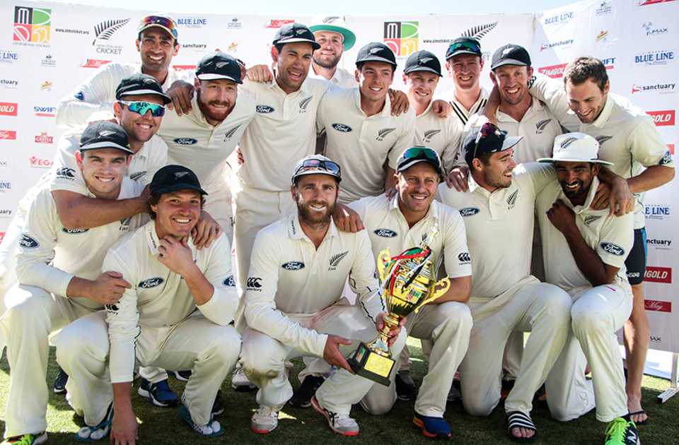 New Zealand pose with the trophy after sweeping the series 2-0