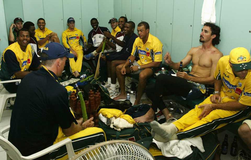 Australian and West Indies players sit together for drinks at the end of the tour, West Indies v Australia, 7th ODI, Grenada, June 1, 2003