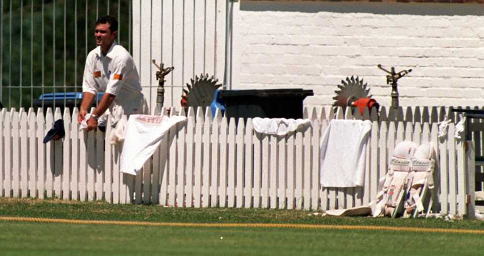Mark Ramprakash makes use of some downtime to catch up with his laundry outside the dressing room in Paarl, December 8, 1995