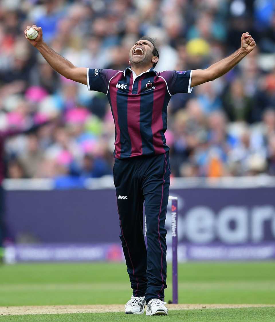 Azharullah celebrates after completing the final over, Nottinghamshire v Northamptonshire, NatWest T20 Blast, 1st semi-final, Edgbaston, August 20, 2016