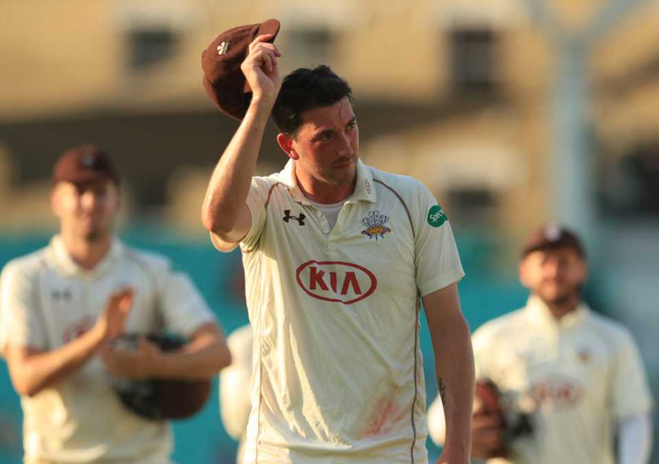 Mark Footitt takes the applause after bowling Surrey to the brink of victory