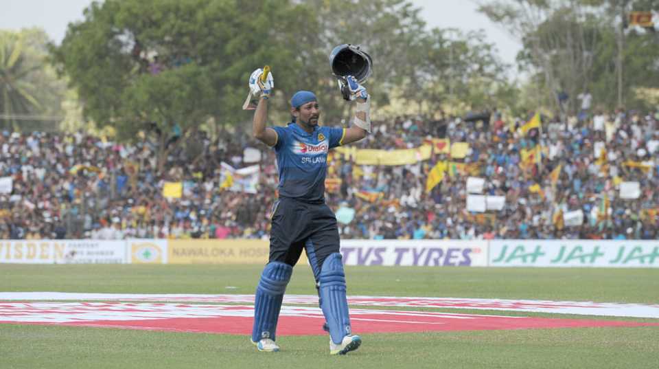 Tillakaratne Dilshan walks off the field after playing his last ODI innings