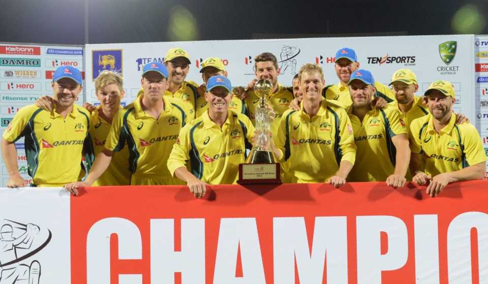 The Australia players celebrate their series win, Sri Lanka v Australia, 5th ODI, Pallekele, September 4, 2016