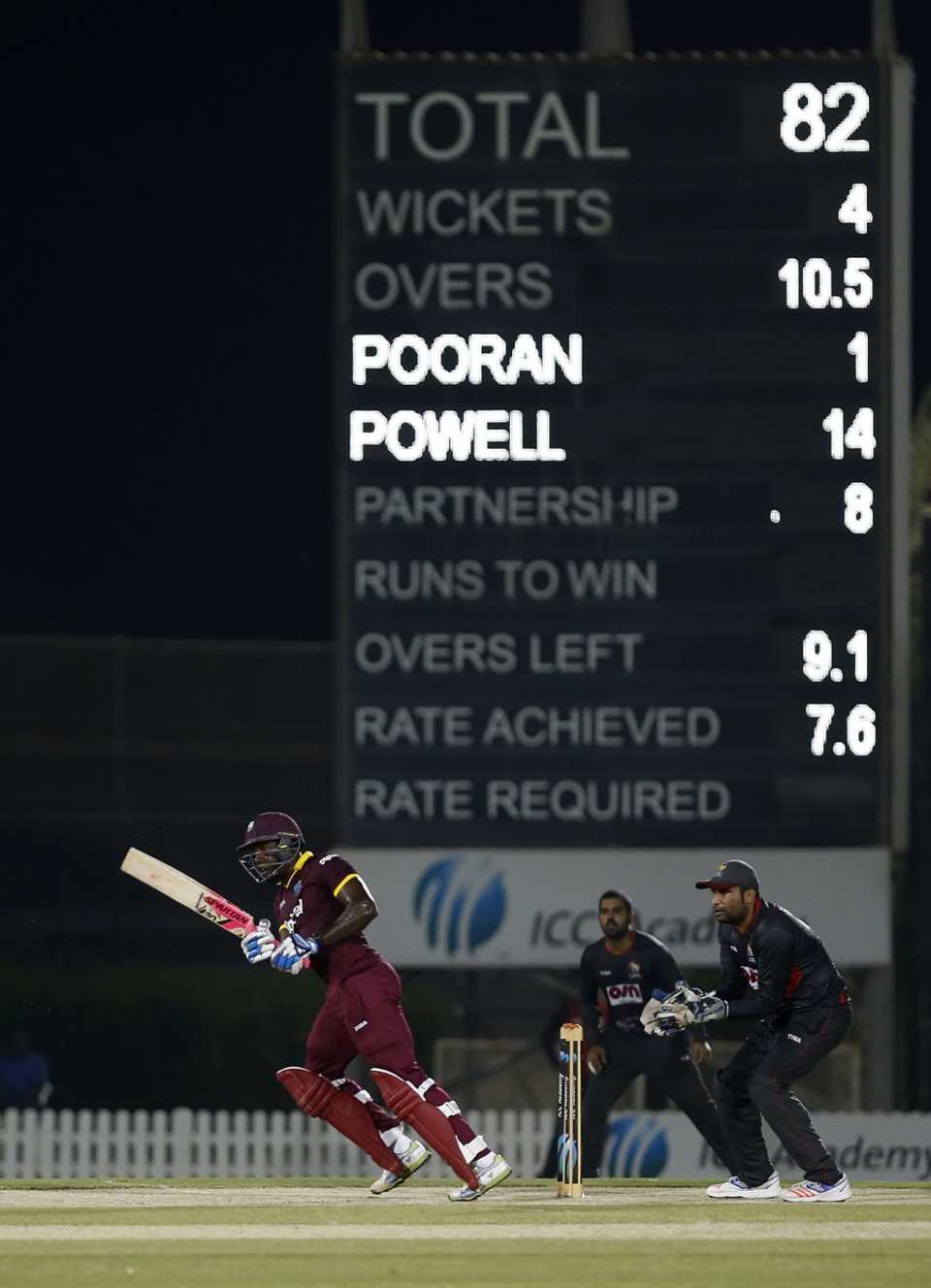 Rovman Powell plays a flick with the scoreboard in the background, Emirates Cricket Board XI v West Indians, Dubai, September 20, 2016
