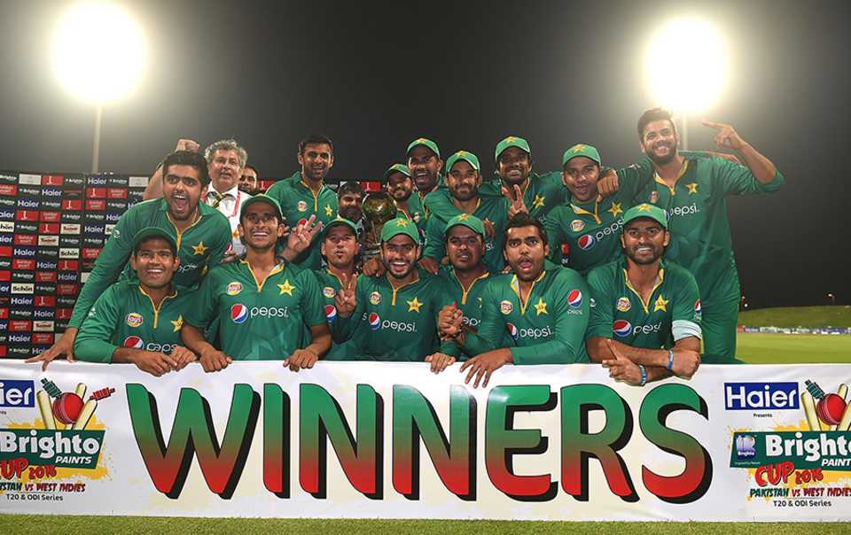 The victorious Pakistan team pose with the trophy after sweeping the ODI series, Pakistan v West Indies, 3rd ODI, Abu Dhabi, October 5, 2016