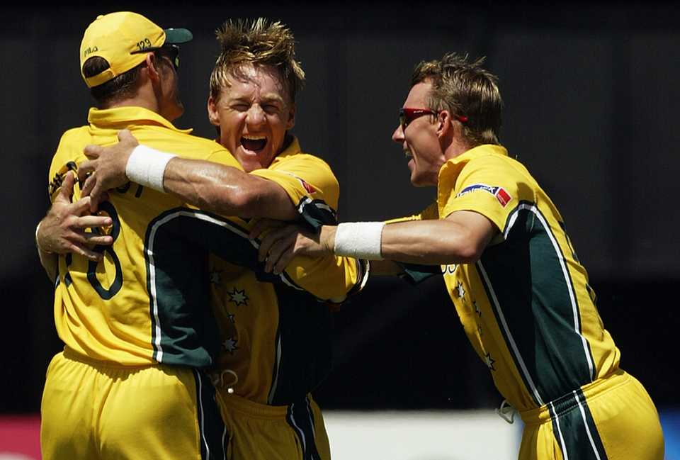 Andy Bichel celebrates a wicket