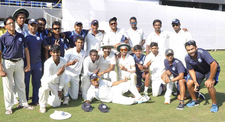 The victorious Tripura team pose after beating Services, 