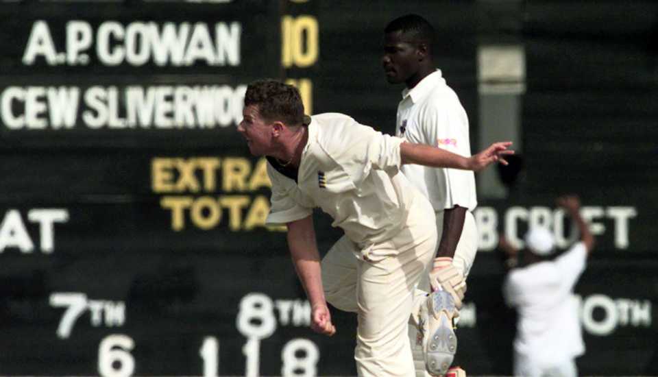 Robert Croft bowls against Guyana, Guyana v England XI, Georgetown, 1st day, February 21, 1998