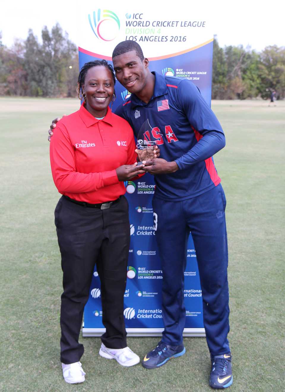Timroy Allen accepts the Man of the Match award from umpire Jacqueline Williams, USA v Italy, ICC World Cricket League Division Four, Los Angeles, October 30, 2016