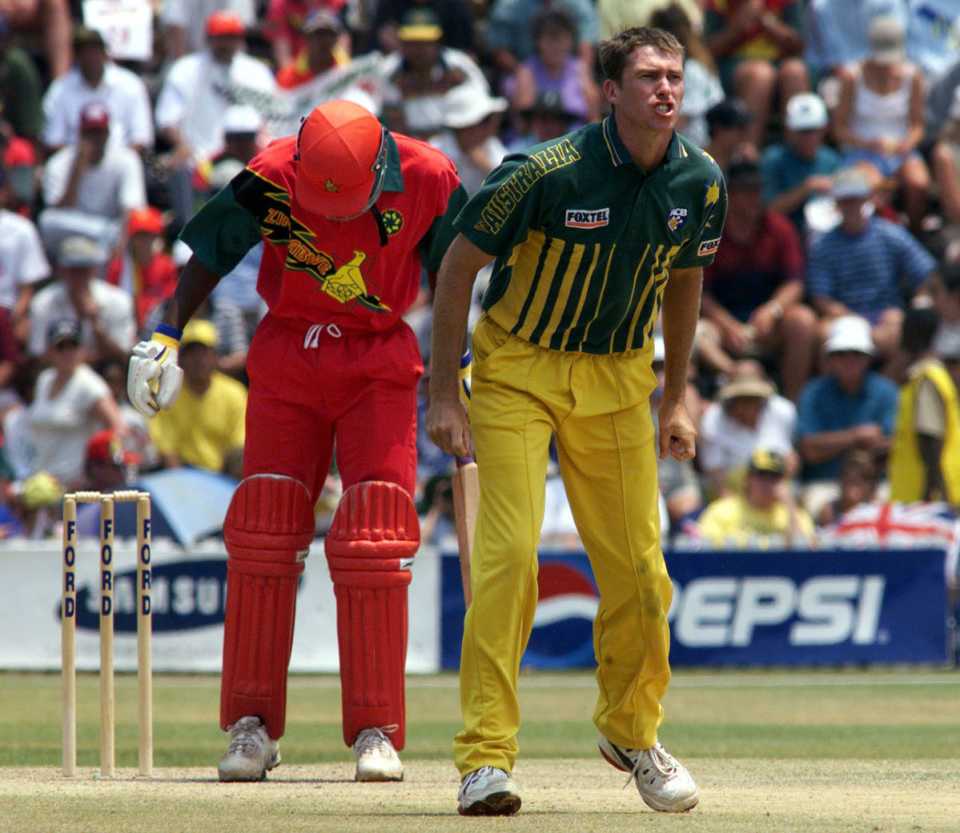 Glenn McGrath is frustrated after an lbw decision is turned down