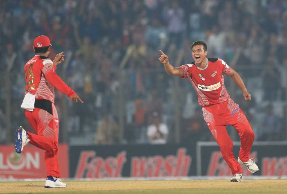 Taskin Ahmed rejoices after taking a wicket