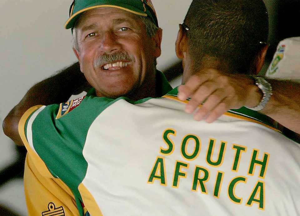 Ray Jennings celebrates South Africa's win in the dressing room