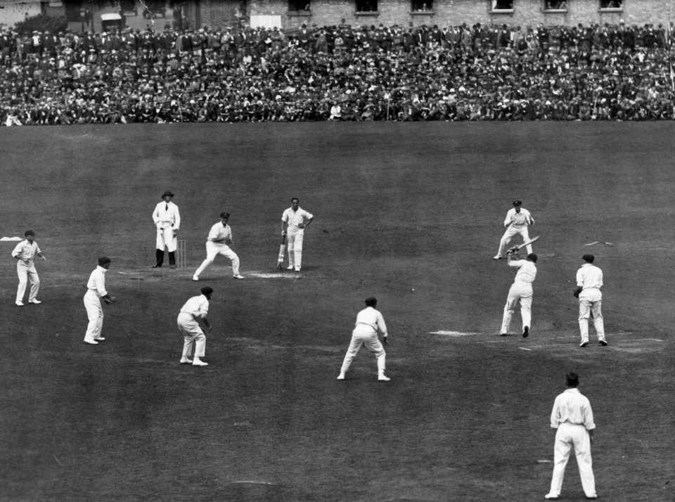 Jack Hobbs plays a shot on his way to a century in the second innings, England v Australia, 5th Test, The Oval, 3rd day, August 17, 1926