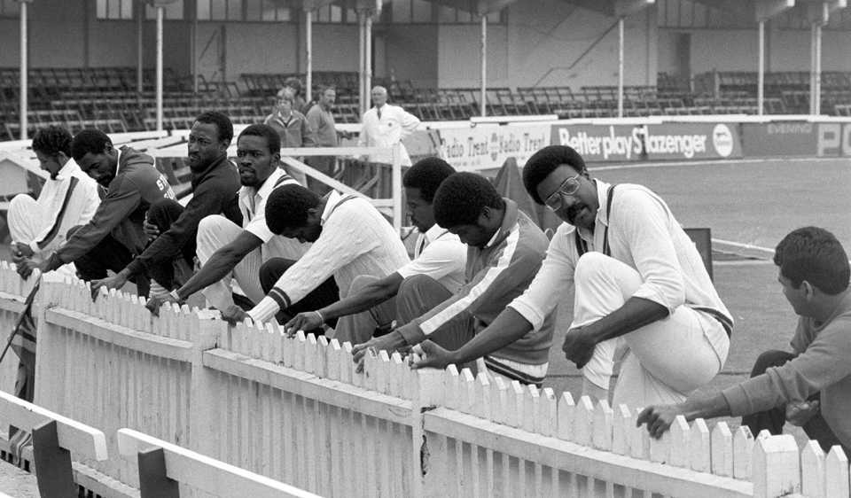 Clive Lloyd (second from right) and the West Indies team warm up