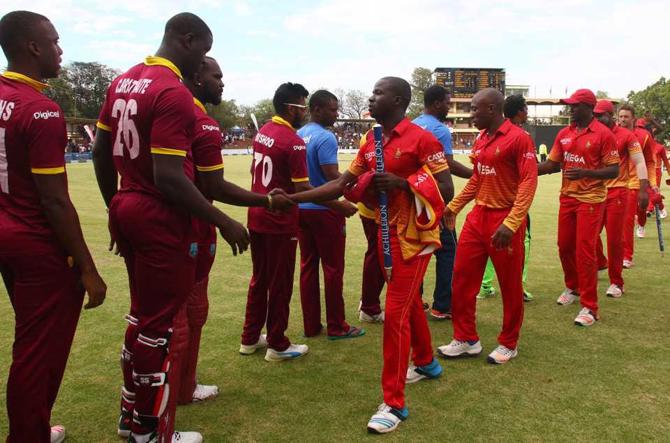 West Indies and Zimbabwe players shake hands after a tie, Zimbabwe v West Indies, tri-nation series, Bulawayo, November 19, 2016