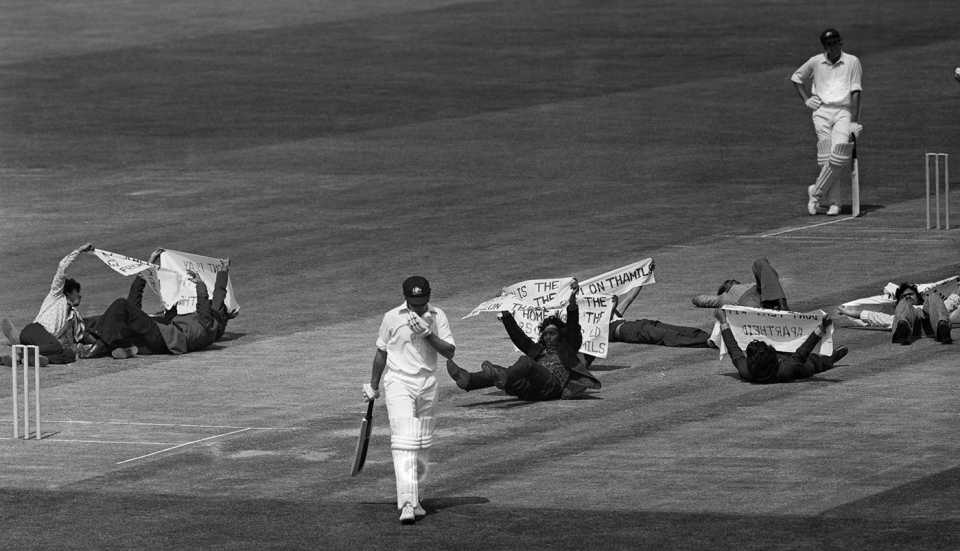Demonstrators hold up the game by lying on the pitch, Australia v Sri Lanka, World Cup, The Oval, June 11, 1975