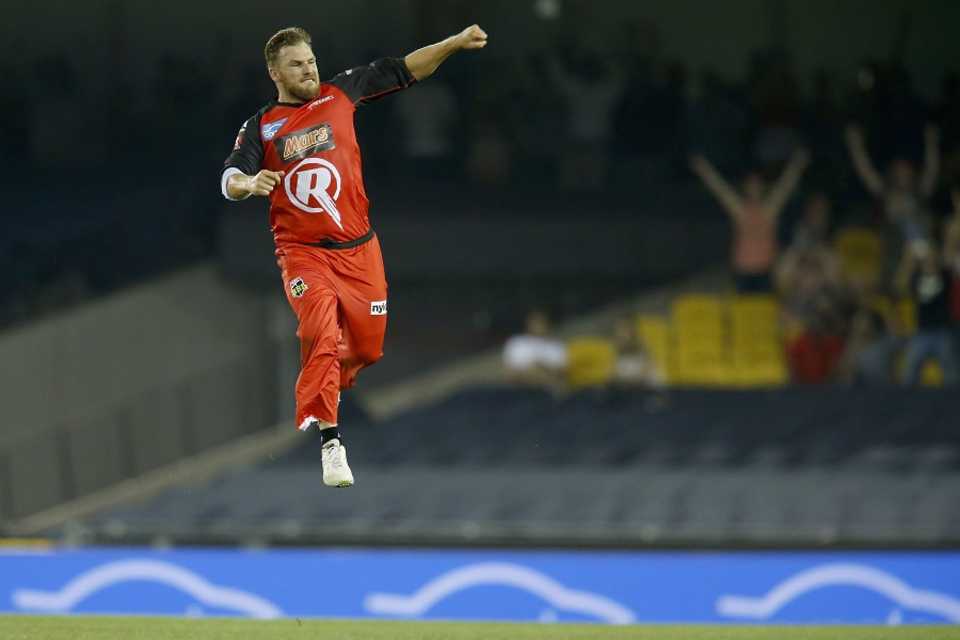 Aaron Finch leaps in joy to celebrate a run out