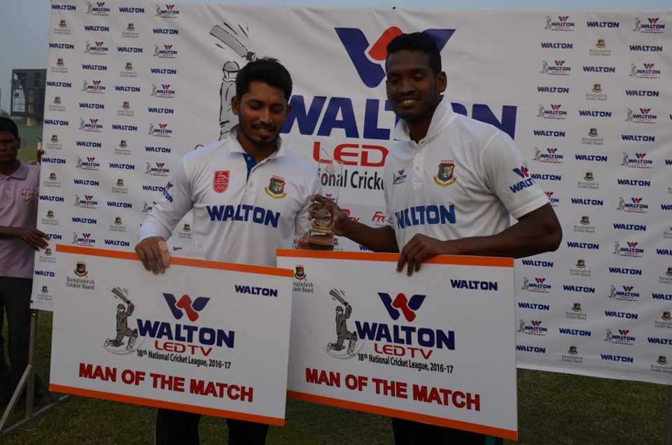Anamul Haque and Al-Amin Hossain were joint winners of the player-of-the-match award, Khulna Division v Dhaka Metropolis, National Cricket League 2016-17, 3rd day, January 5, 2017 