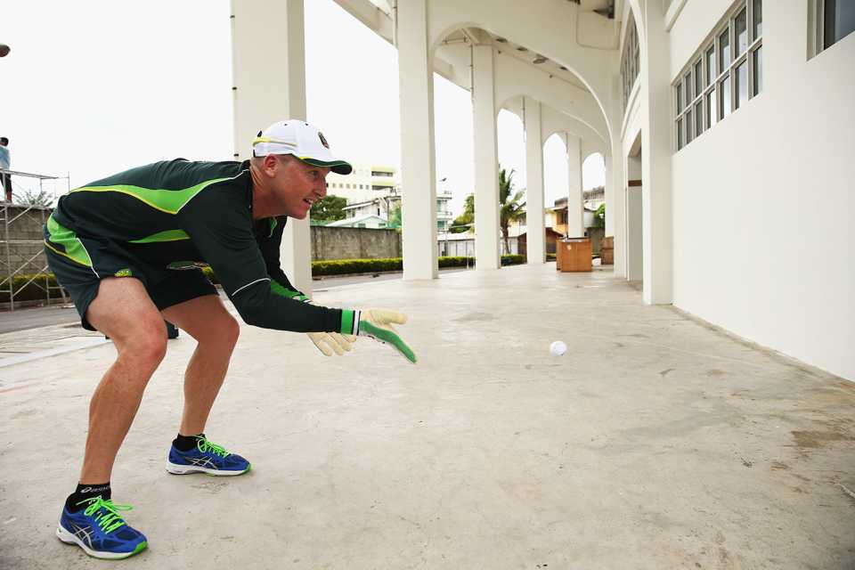 Brad Haddin throws a golf ball against a wall during a training session ahead of the match, West Indies v Australia, first Test, Roseau, May 31, 2015