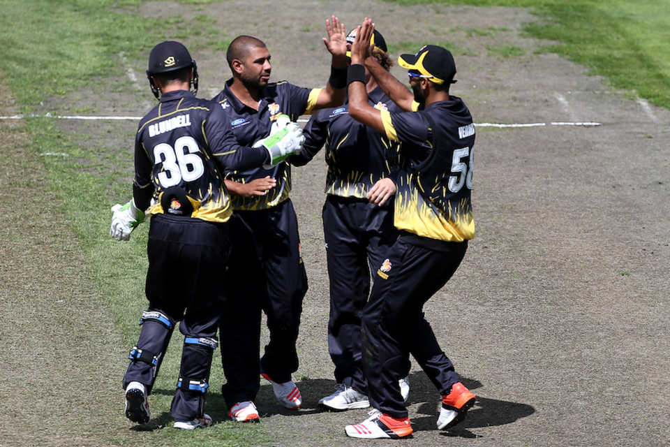 Jeetan Patel celebrates a wicket