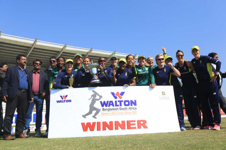 The South African women's team celebrates after their series victory