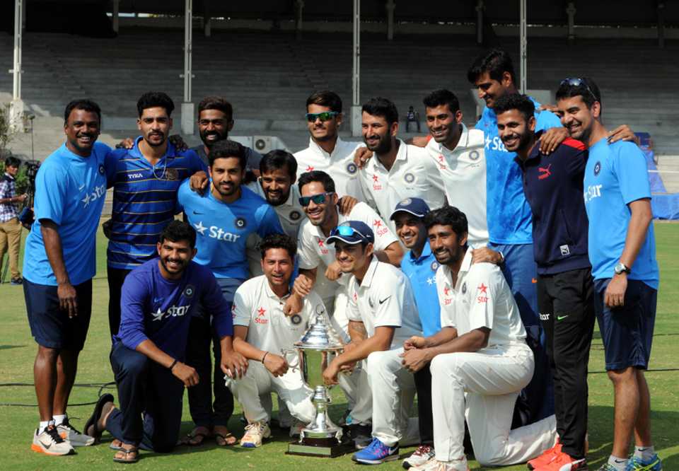 The Rest of India team poses with the Irani Trophy