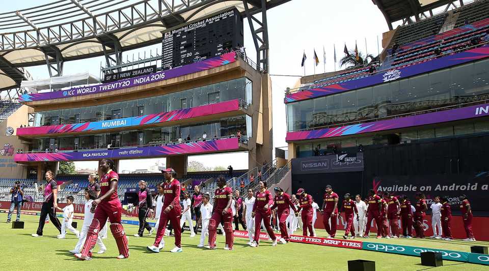 West Indies women stride out for the pre-match anthems