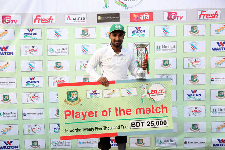 Liton Das with his spoils after being names Player of the Match