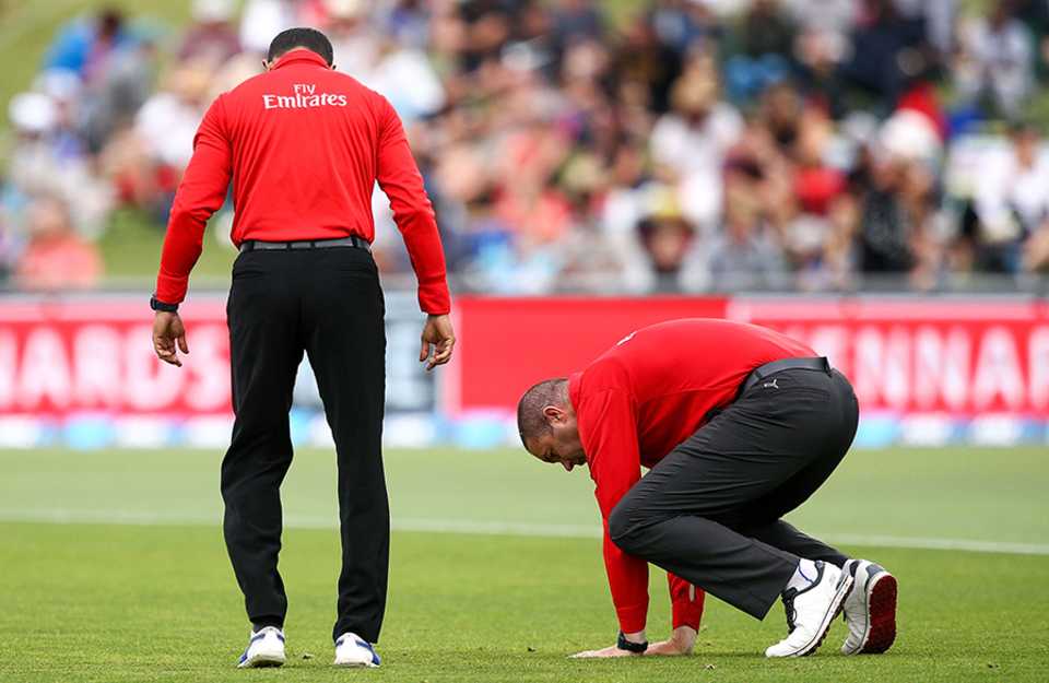 Umpires Kumar Dharmasena and Chris Brown inspect the outfield