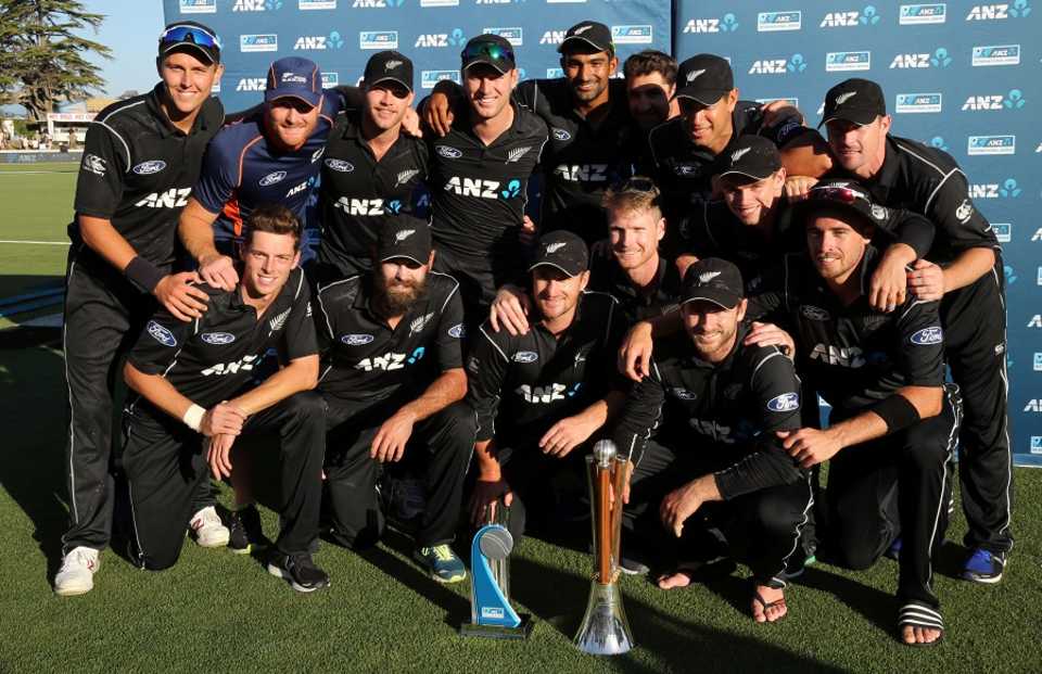New Zealand's ODI squad poses for a photograph after winning the Chappell-Hadlee series, New Zealand v Australia, 3rd ODI, Hamilton, February 5, 2017