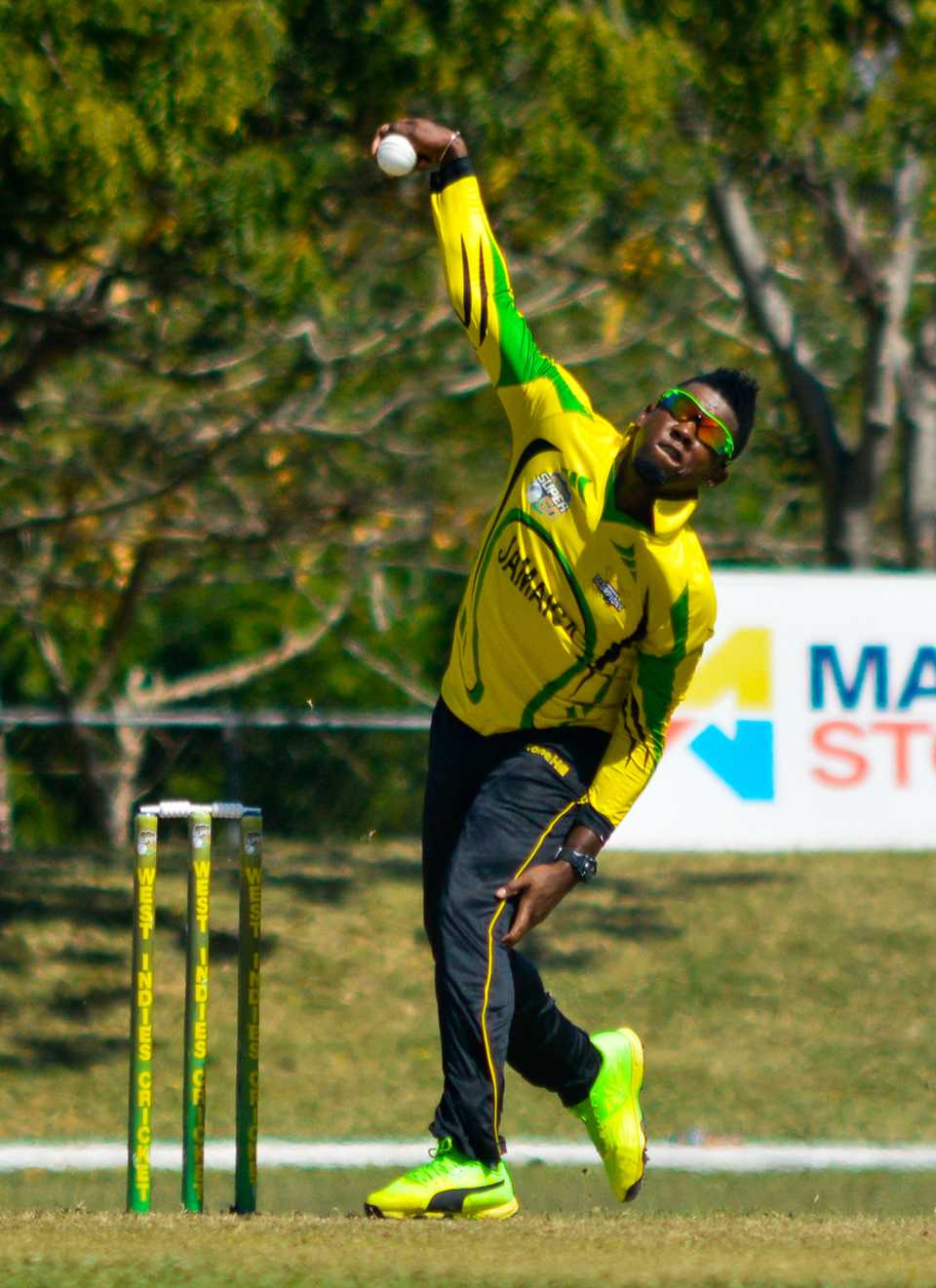 Damion Jacobs bowls during his spell of 6 for 34