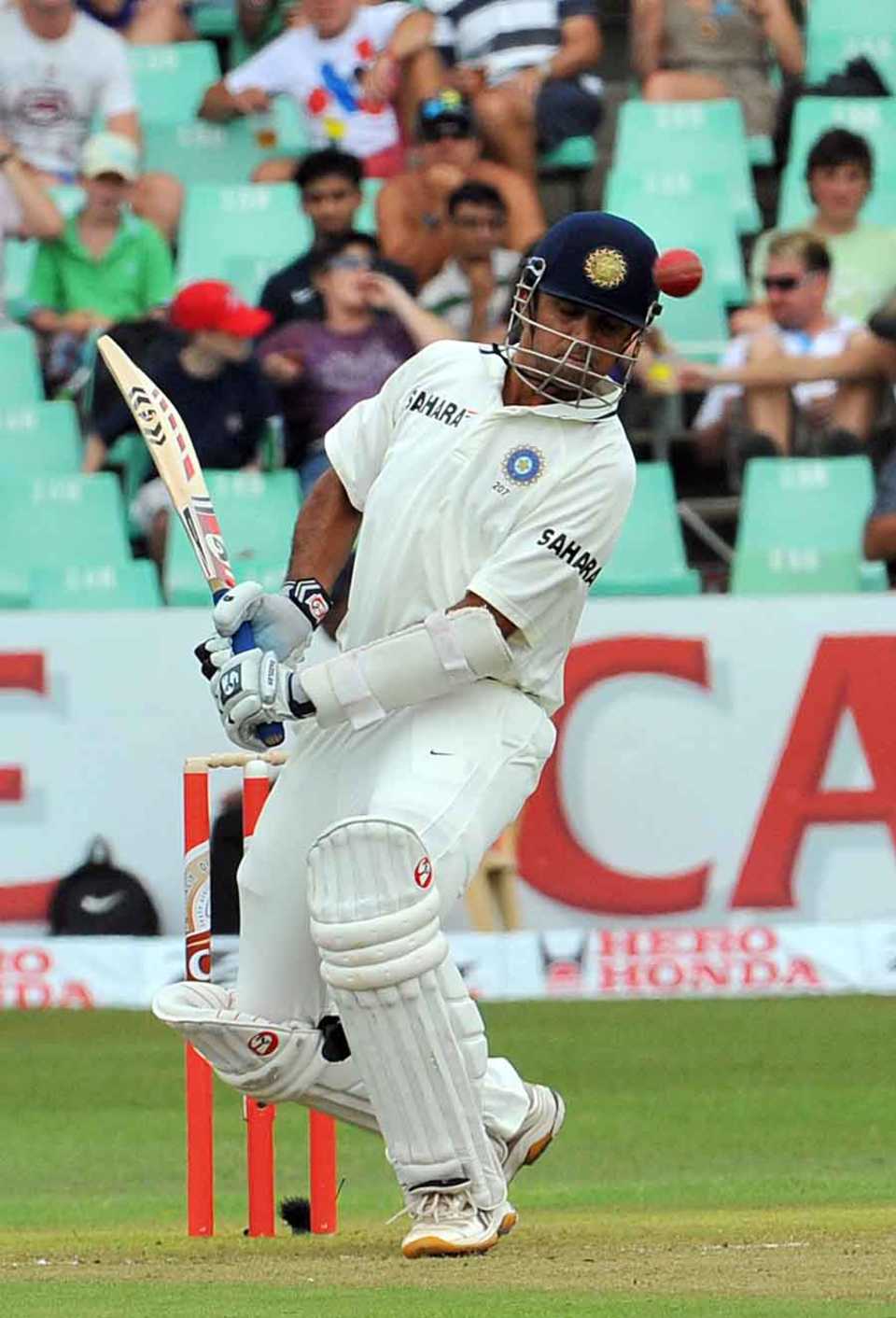 Rahul Dravid sways away from a bouncer