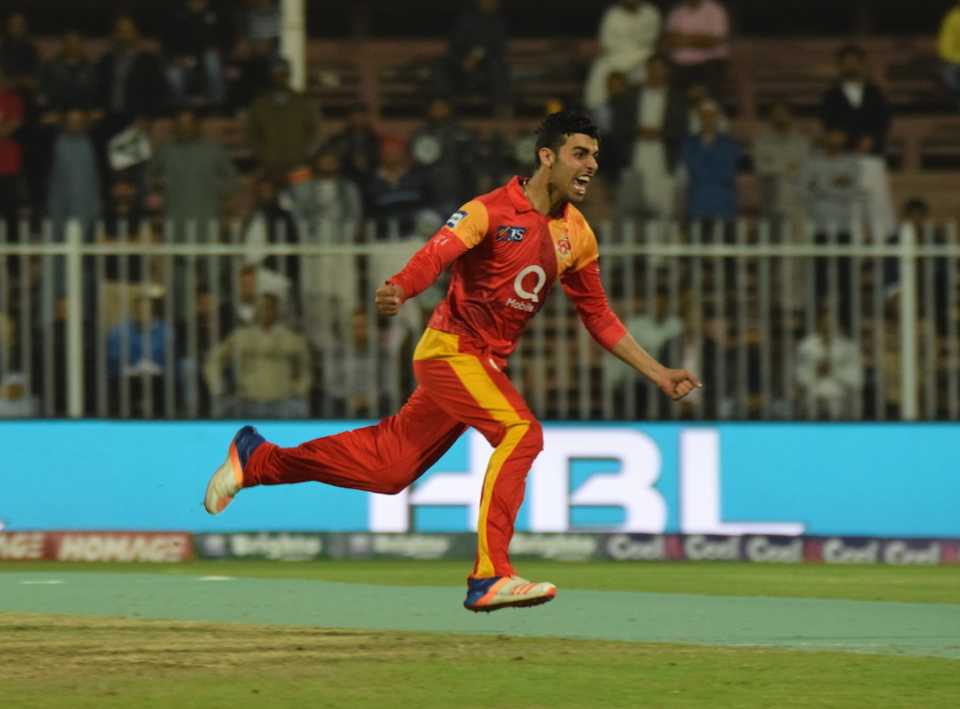 Shadab Khan takes off after taking a wicket