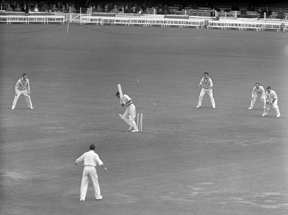 Khan Mohammad is bowled by Brian Statham for a duck, England v Pakistan, 1st Test, Lord's, 5th day, June 15, 1954