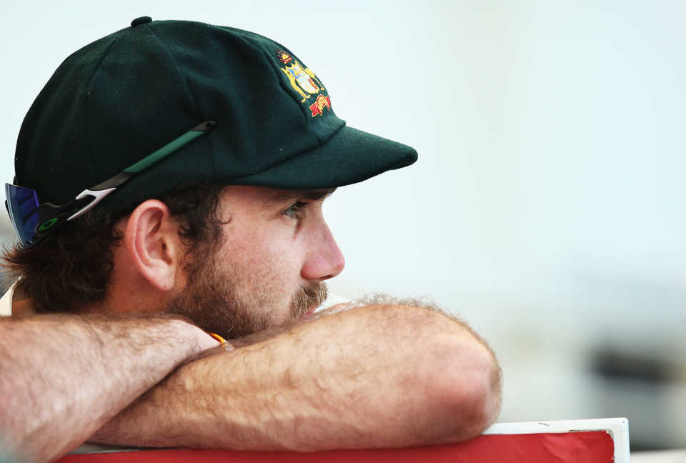 Glenn Maxwell watches the game on day five, Pakistan v Australia, 1st Test, Dubai, 5th day, October 26, 2014