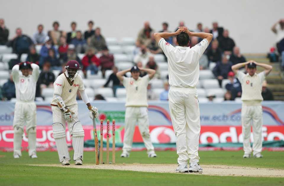 England look disappointed after their appeal for Shivnarine Chanderpaul's wicket is turned down