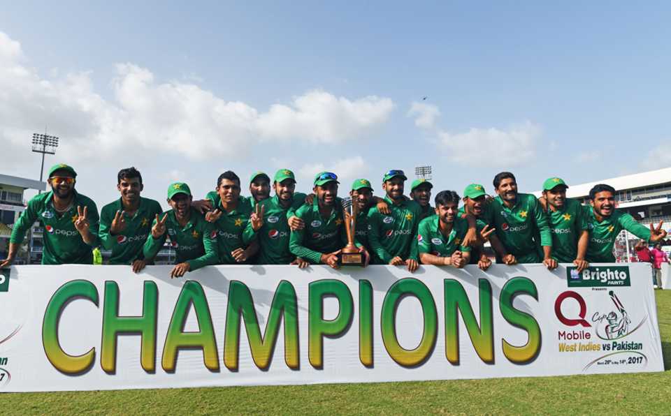 The Pakistan team pose with the series trophy, West Indies v Pakistan, 4th T20I, Port of Spain, April 2, 2017