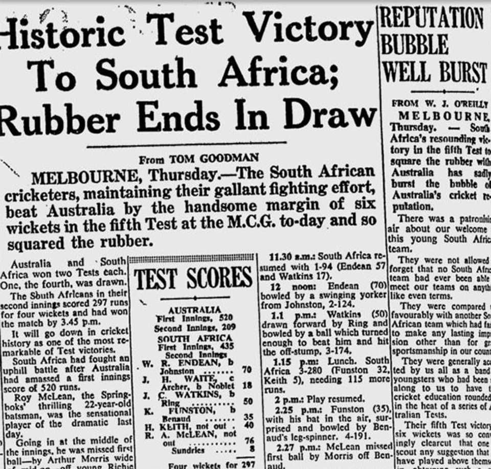 The <i>Sydney Morning Herald</I> reports on South Africa's series-levelling win, Australia v South Africa, 5th Test, Melbourne, February 13, 1953