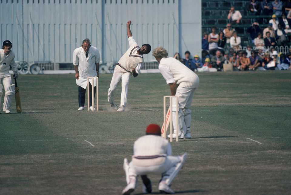 Andy Roberts bowls in a game on the 1976 tour of England
