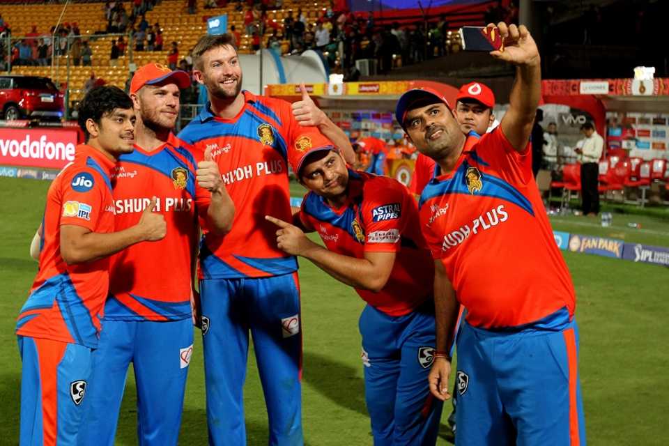 Gujarat Lions players pose for pictures after their win, Royal Challengers Bangalore v Gujarat Lions, IPL 2017, Bengaluru, April 27, 2017