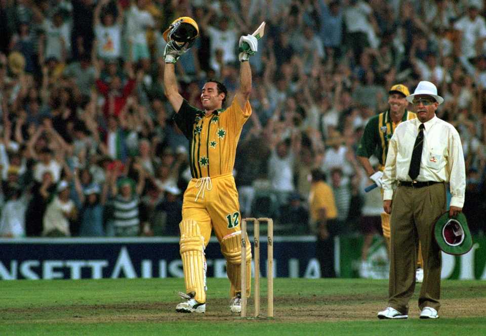 Michael Bevan celebrates after hitting a four off the last ball to win the game, Australia v West Indies, fifth ODI, Sydney, January 1, 1996